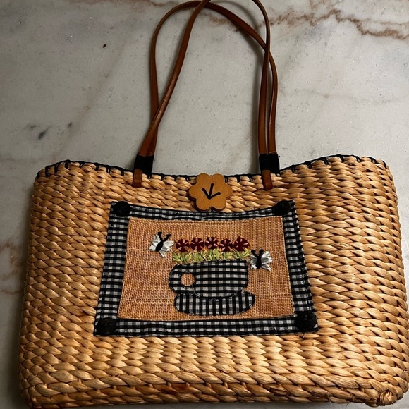 Breckenridge Handbags - Breckenridge Straw Tote Bag Purse Blonde Wicker Rattan Picnic Blue Check Teacup